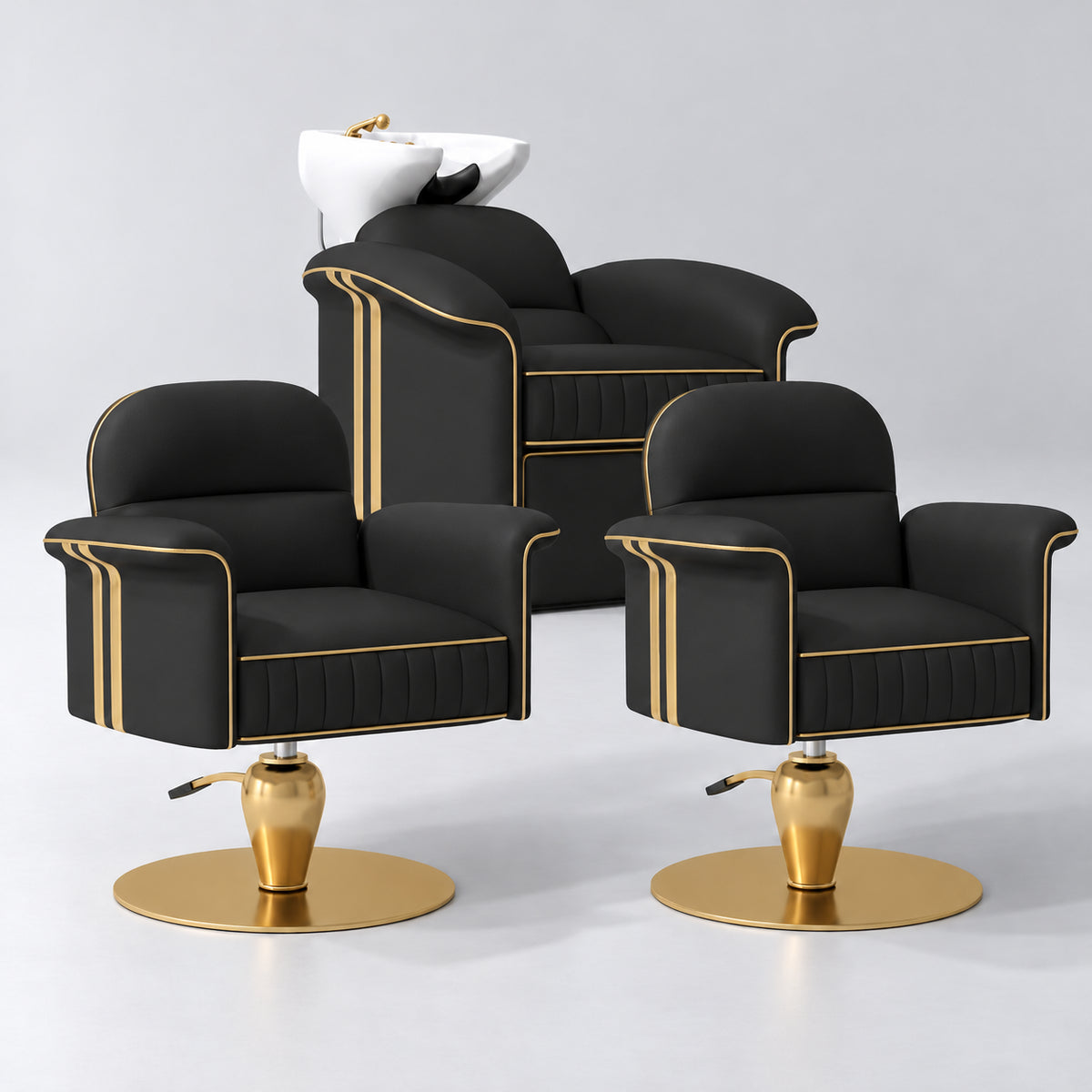 Manufakturo Monaco Black Hair Salon Set with 2 Palais Styling Chairs, showing the complete coordinated three-piece furniture set on a grey studio background.