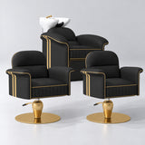 Manufakturo Monaco Black Hair Salon Set with 2 Palais Styling Chairs, showing the complete coordinated three-piece furniture set on a grey studio background.