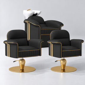 Manufakturo Monaco Black Hair Salon Set with 2 Palais Styling Chairs, showing the complete coordinated three-piece furniture set on a grey studio background.