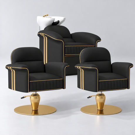 Manufakturo Monaco Black Hair Salon Set with 2 Palais Styling Chairs, showing the complete coordinated three-piece furniture set on a grey studio background.
