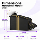 Manufakturo Monaco Black backwash unit dimensions: 125 cm length with leg rest extended, 93 cm overall width, 108 cm overall height, 56 x 56 cm basin and 29 cm leg rest.