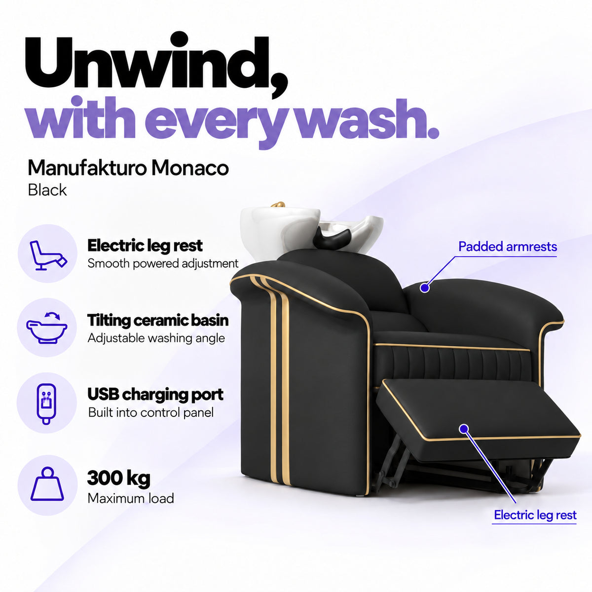 Manufakturo Monaco Black backwash unit with electric leg rest, tilting ceramic basin, USB charging port and 300 kg maximum load.