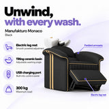 Manufakturo Monaco Black backwash unit with electric leg rest, tilting ceramic basin, USB charging port and 300 kg maximum load.