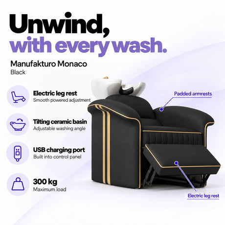 Manufakturo Monaco Black backwash unit with electric leg rest, tilting ceramic basin, USB charging port and 300 kg maximum load.