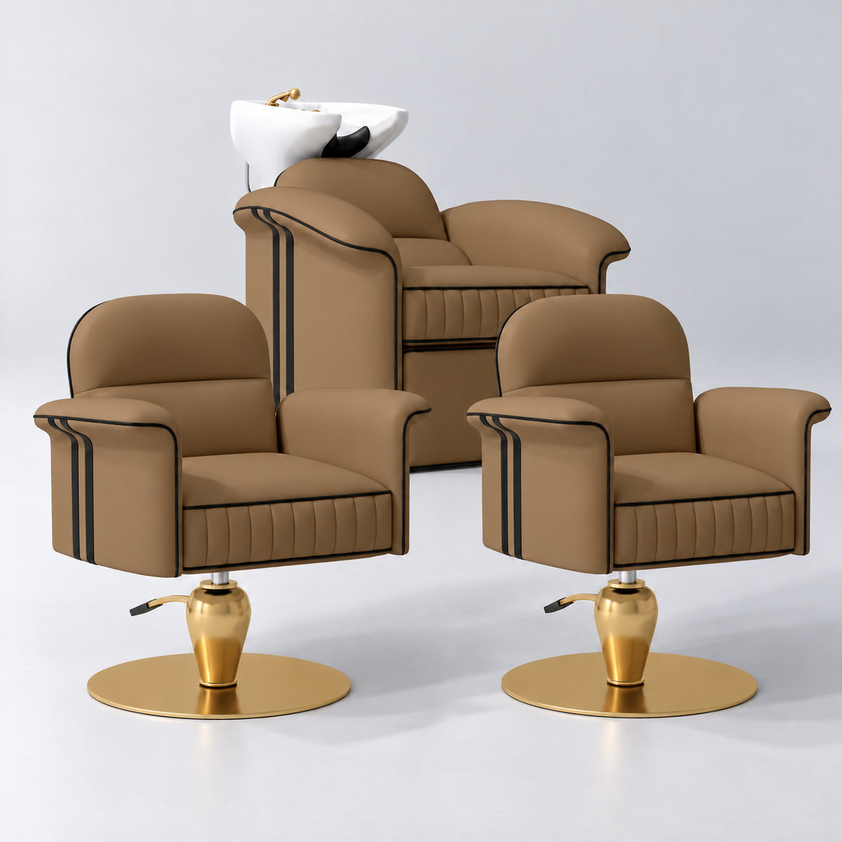 Manufakturo Monaco Caramel Hair Salon Set with 2 Palais Styling Chairs, showing the complete coordinated three-piece furniture set on a grey studio background.