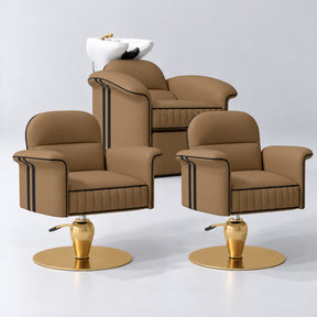 Manufakturo Monaco Caramel Hair Salon Set with 2 Palais Styling Chairs, showing the complete coordinated three-piece furniture set on a grey studio background.