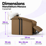 Manufakturo Monaco Caramel backwash unit dimensions: 125 cm length with leg rest extended, 93 cm overall width, 108 cm overall height, 56 x 56 cm basin and 29 cm leg rest.