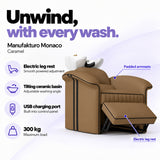 Manufakturo Monaco Caramel backwash unit with electric leg rest, tilting ceramic basin, USB charging port and 300 kg maximum load.