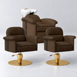 Manufakturo Monaco Cocoa Mocha Hair Salon Set with 2 Palais Styling Chairs, showing the complete coordinated three-piece furniture set on a grey studio background.