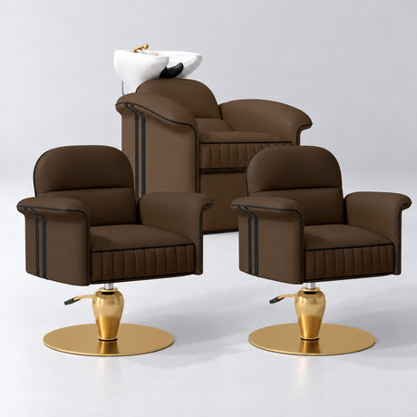 Manufakturo Monaco Cocoa Mocha Hair Salon Set with 2 Palais Styling Chairs, showing the complete coordinated three-piece furniture set on a grey studio background.