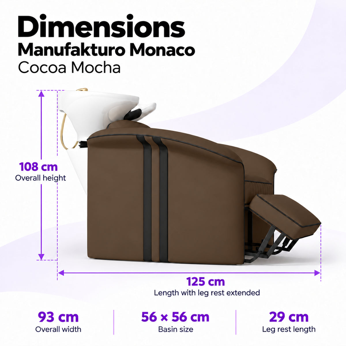 Manufakturo Monaco Cocoa Mocha backwash unit dimensions: 125 cm length with leg rest extended, 93 cm overall width, 108 cm overall height, 56 x 56 cm basin and 29 cm leg rest.