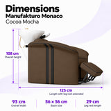 Manufakturo Monaco Cocoa Mocha backwash unit dimensions: 125 cm length with leg rest extended, 93 cm overall width, 108 cm overall height, 56 x 56 cm basin and 29 cm leg rest.