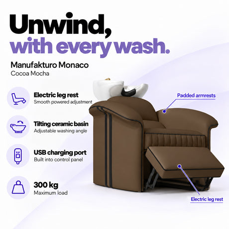 Manufakturo Monaco Cocoa Mocha backwash unit with electric leg rest, tilting ceramic basin, USB charging port and 300 kg maximum load.