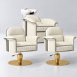 Manufakturo Monaco Creamy Hair Salon Set with 2 Palais Styling Chairs, showing the complete coordinated three-piece furniture set on a grey studio background.
