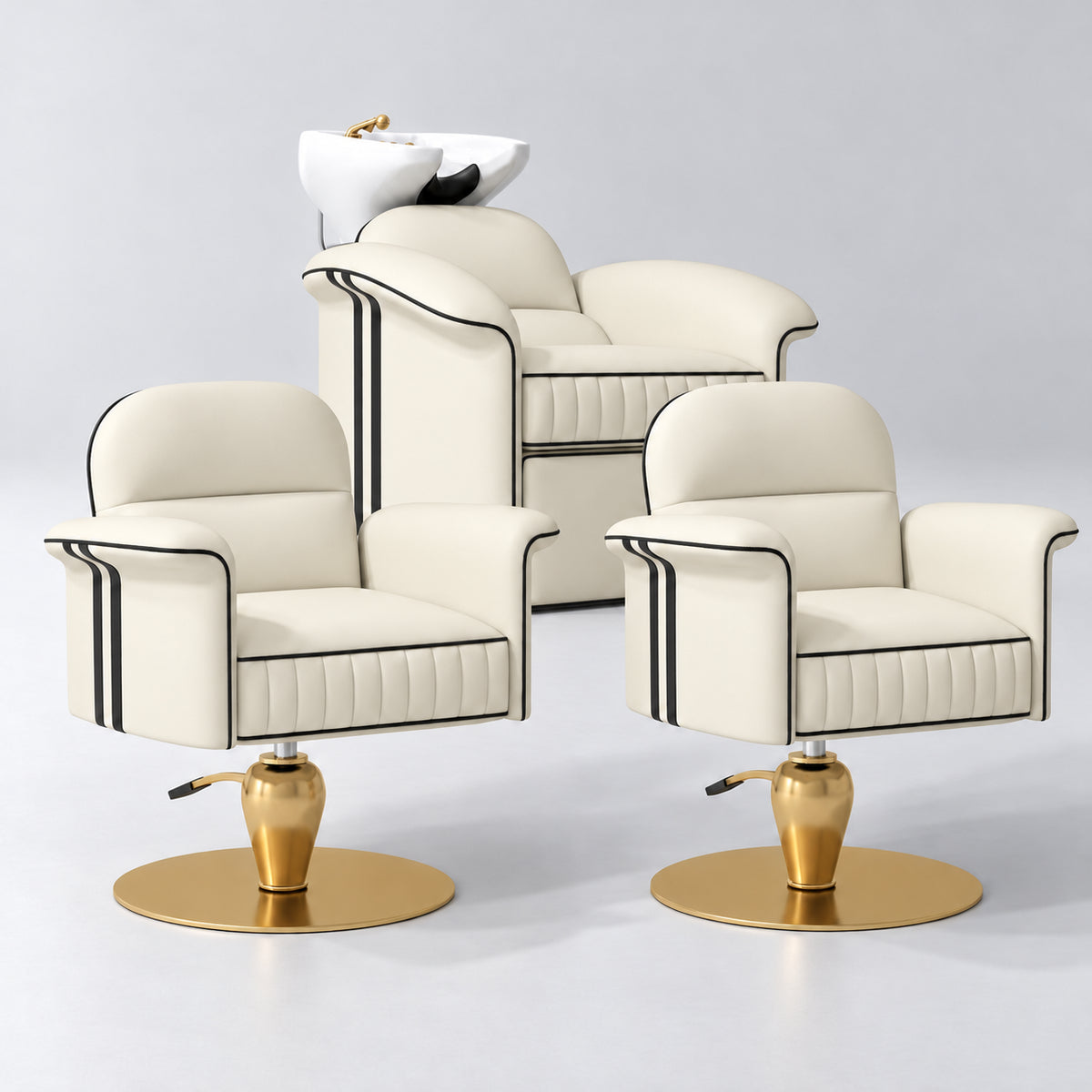 Manufakturo Monaco Creamy Hair Salon Set with 2 Palais Styling Chairs, showing the complete coordinated three-piece furniture set on a grey studio background.