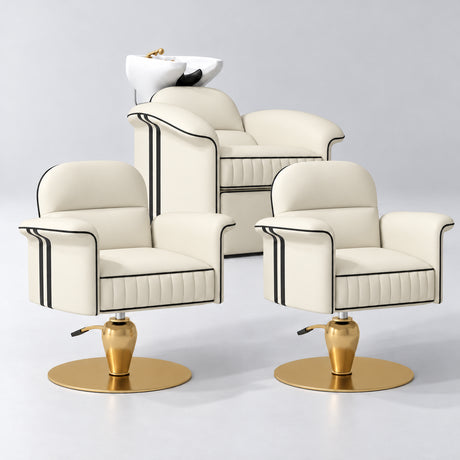 Manufakturo Monaco Creamy Hair Salon Set with 2 Palais Styling Chairs, showing the complete coordinated three-piece furniture set on a grey studio background.
