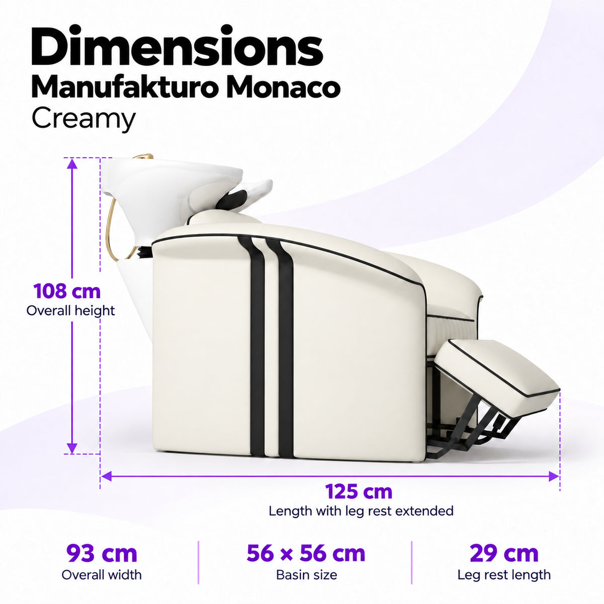 Manufakturo Monaco Creamy backwash unit dimensions: 125 cm length with leg rest extended, 93 cm overall width, 108 cm overall height, 56 x 56 cm basin and 29 cm leg rest.
