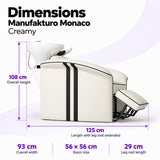 Manufakturo Monaco Creamy backwash unit dimensions: 125 cm length with leg rest extended, 93 cm overall width, 108 cm overall height, 56 x 56 cm basin and 29 cm leg rest.