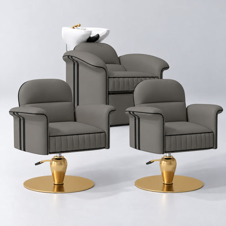 Manufakturo Monaco Deep Ash Hair Salon Set with 2 Palais Styling Chairs, showing the complete coordinated three-piece furniture set on a grey studio background.