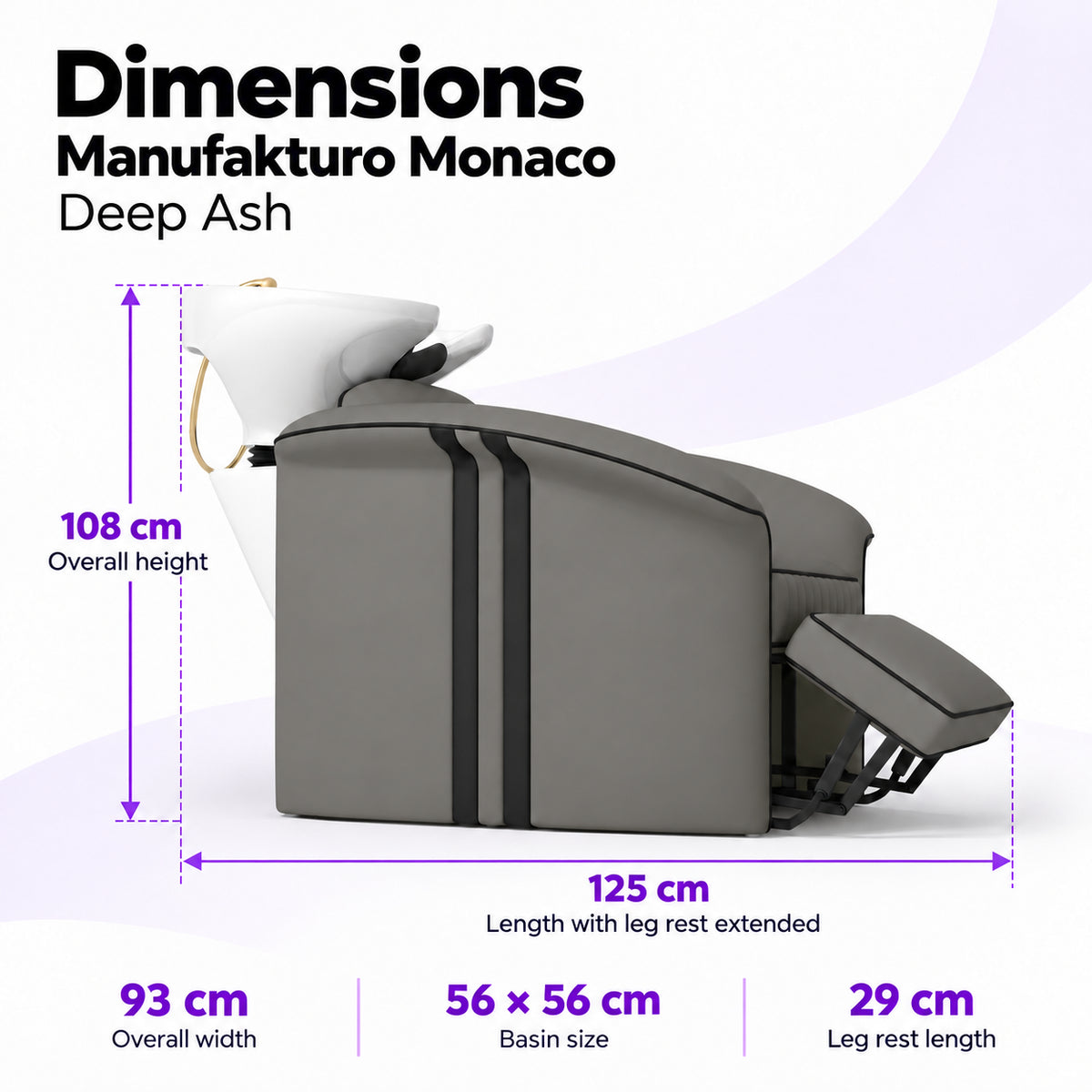 Manufakturo Monaco Deep Ash backwash unit dimensions: 125 cm length with leg rest extended, 93 cm overall width, 108 cm overall height, 56 x 56 cm basin and 29 cm leg rest.