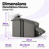 Manufakturo Monaco Deep Ash backwash unit dimensions: 125 cm length with leg rest extended, 93 cm overall width, 108 cm overall height, 56 x 56 cm basin and 29 cm leg rest.