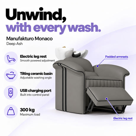 Manufakturo Monaco Deep Ash backwash unit with electric leg rest, tilting ceramic basin, USB charging port and 300 kg maximum load.
