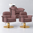 Manufakturo Monaco Dusty Rose Hair Salon Set with 2 Palais Styling Chairs, showing the complete coordinated three-piece furniture set on a grey studio background.