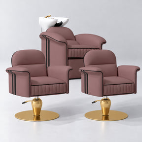 Manufakturo Monaco Dusty Rose Hair Salon Set with 2 Palais Styling Chairs, showing the complete coordinated three-piece furniture set on a grey studio background.