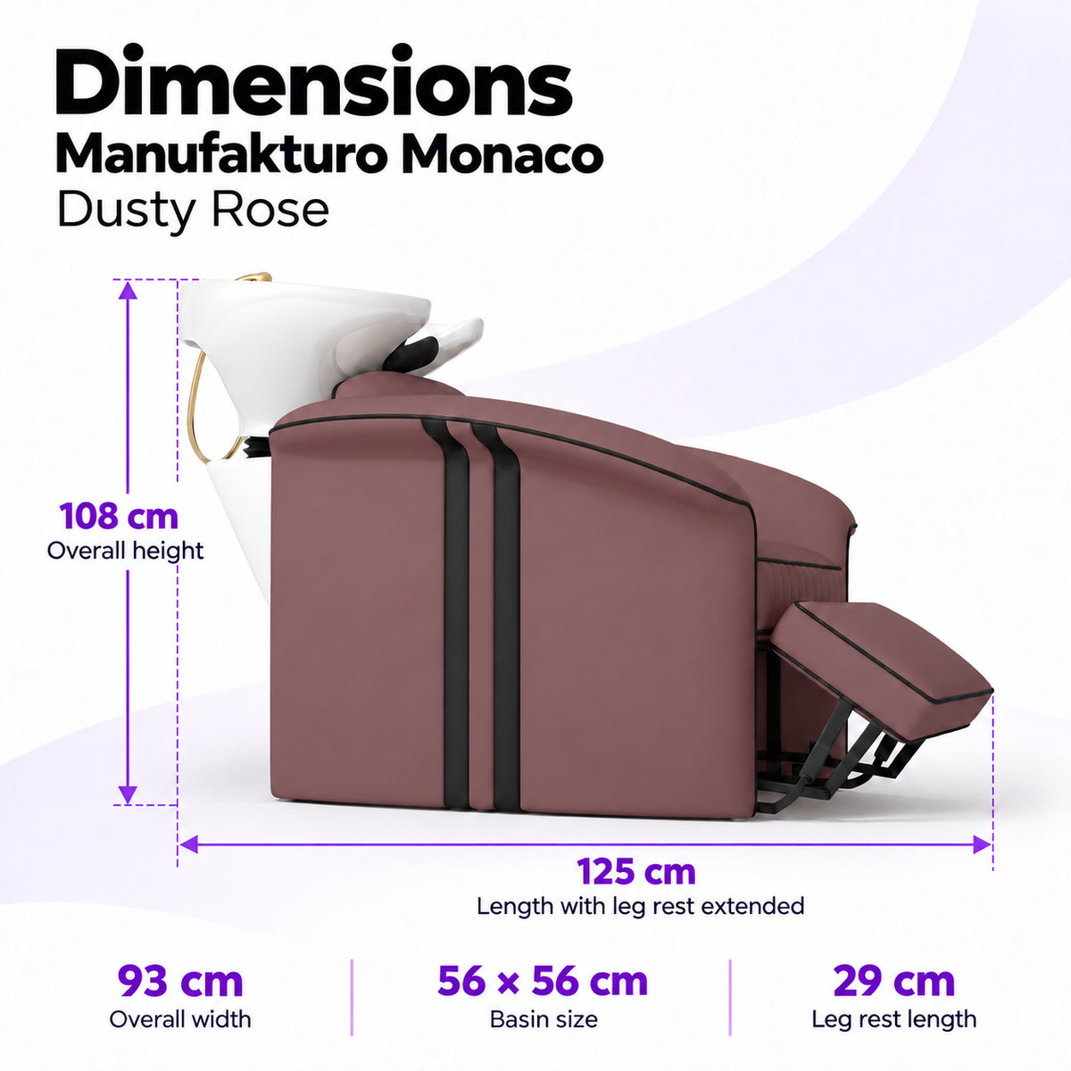 Manufakturo Monaco Dusty Rose backwash unit dimensions: 125 cm length with leg rest extended, 93 cm overall width, 108 cm overall height, 56 x 56 cm basin and 29 cm leg rest.