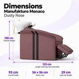 Manufakturo Monaco Dusty Rose backwash unit dimensions: 125 cm length with leg rest extended, 93 cm overall width, 108 cm overall height, 56 x 56 cm basin and 29 cm leg rest.