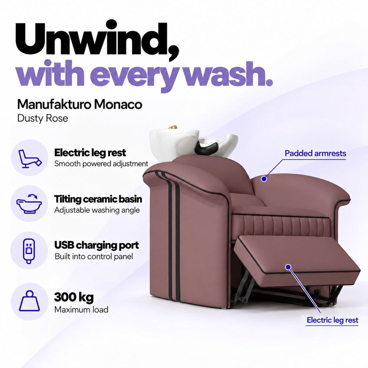 Manufakturo Monaco Dusty Rose backwash unit with electric leg rest, tilting ceramic basin, USB charging port and 300 kg maximum load.