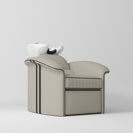 Manufakturo Monaco Luxury Hair Salon Backwash Unit Stone Taupe - White Bowl - close-up of the upholstery and construction details