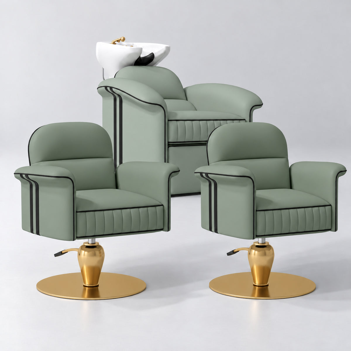 Manufakturo Monaco Olive Hair Salon Set with 2 Palais Styling Chairs, showing the complete coordinated three-piece furniture set on a grey studio background.