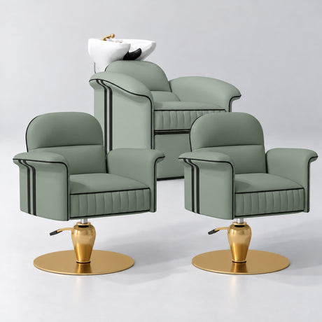 Manufakturo Monaco Olive Hair Salon Set with 2 Palais Styling Chairs, showing the complete coordinated three-piece furniture set on a grey studio background.