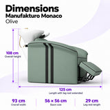 Manufakturo Monaco Olive backwash unit dimensions: 125 cm length with leg rest extended, 93 cm overall width, 108 cm overall height, 56 x 56 cm basin and 29 cm leg rest.