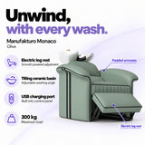Manufakturo Monaco Olive backwash unit with electric leg rest, tilting ceramic basin, USB charging port and 300 kg maximum load.