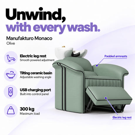 Manufakturo Monaco Olive backwash unit with electric leg rest, tilting ceramic basin, USB charging port and 300 kg maximum load.
