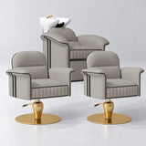 Manufakturo Monaco Pearl Greige Hair Salon Set with 2 Palais Styling Chairs, showing the complete coordinated three-piece furniture set on a grey studio background.