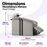 Manufakturo Monaco Pearl Greige backwash unit dimensions: 125 cm length with leg rest extended, 93 cm overall width, 108 cm overall height, 56 x 56 cm basin and 29 cm leg rest.