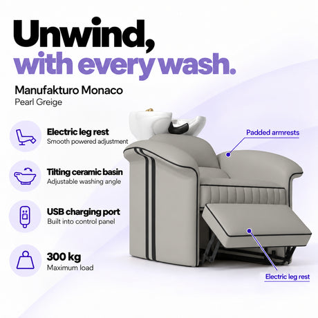 Manufakturo Monaco Pearl Greige backwash unit with electric leg rest, tilting ceramic basin, USB charging port and 300 kg maximum load.