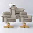 Manufakturo Monaco Stone Taupe Hair Salon Set with 2 Palais Styling Chairs, showing the complete coordinated three-piece furniture set on a grey studio background.