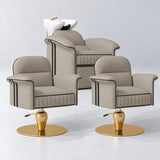 Manufakturo Monaco Stone Taupe Hair Salon Set with 2 Palais Styling Chairs, showing the complete coordinated three-piece furniture set on a grey studio background.