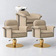 Manufakturo Monaco Warm Beige Hair Salon Set with 2 Palais Styling Chairs, showing the complete coordinated three-piece furniture set on a grey studio background.