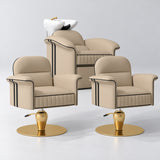 Manufakturo Monaco Warm Beige Hair Salon Set with 2 Palais Styling Chairs, showing the complete coordinated three-piece furniture set on a grey studio background.