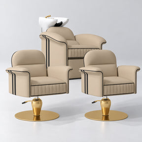 Manufakturo Monaco Warm Beige Hair Salon Set with 2 Palais Styling Chairs, showing the complete coordinated three-piece furniture set on a grey studio background.