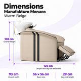 Manufakturo Monaco Warm Beige backwash unit dimensions: 125 cm length with leg rest extended, 93 cm overall width, 108 cm overall height, 56 x 56 cm basin and 29 cm leg rest.