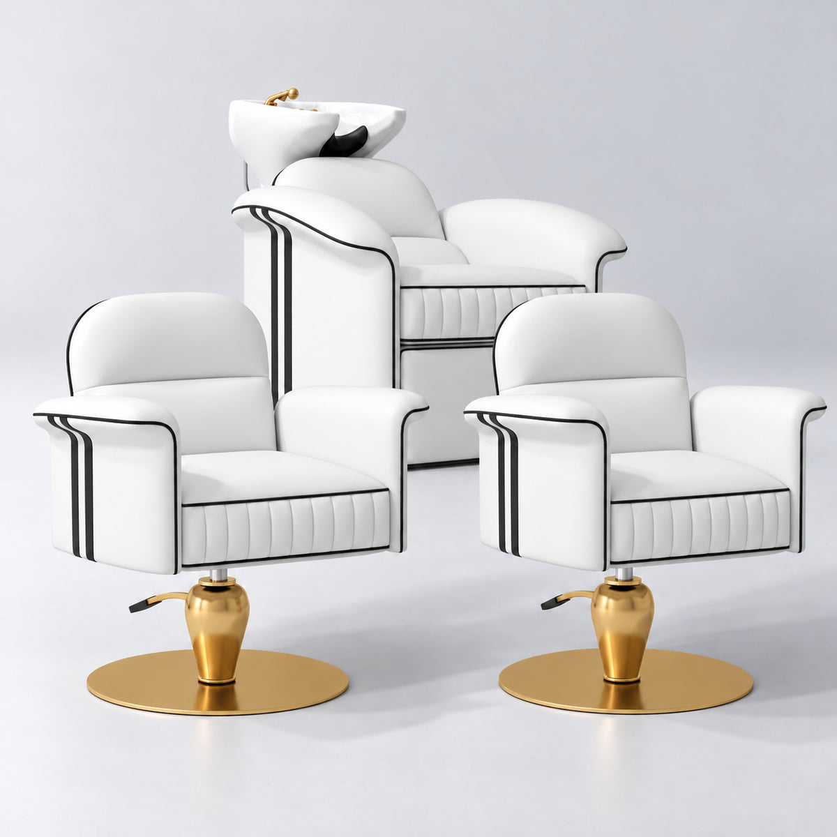 Manufakturo Monaco White Hair Salon Set with 2 Palais Styling Chairs, showing the complete coordinated three-piece furniture set on a grey studio background.