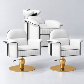 Manufakturo Monaco White Hair Salon Set with 2 Palais Styling Chairs, showing the complete coordinated three-piece furniture set on a grey studio background.
