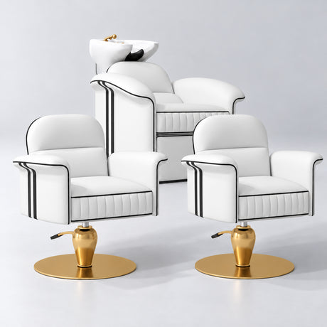 Manufakturo Monaco White Hair Salon Set with 2 Palais Styling Chairs, showing the complete coordinated three-piece furniture set on a grey studio background.