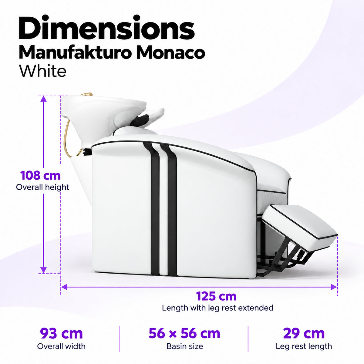 Manufakturo Monaco White backwash unit dimensions: 125 cm length with leg rest extended, 93 cm overall width, 108 cm overall height, 56 x 56 cm basin and 29 cm leg rest.